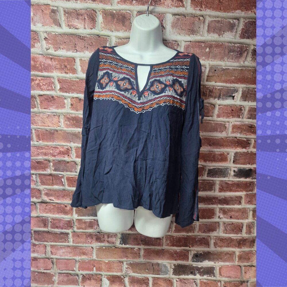 Abercrombie &‎ Fitch Women’s Boho Embroidered Blouse Small Navy Tie Sleeve